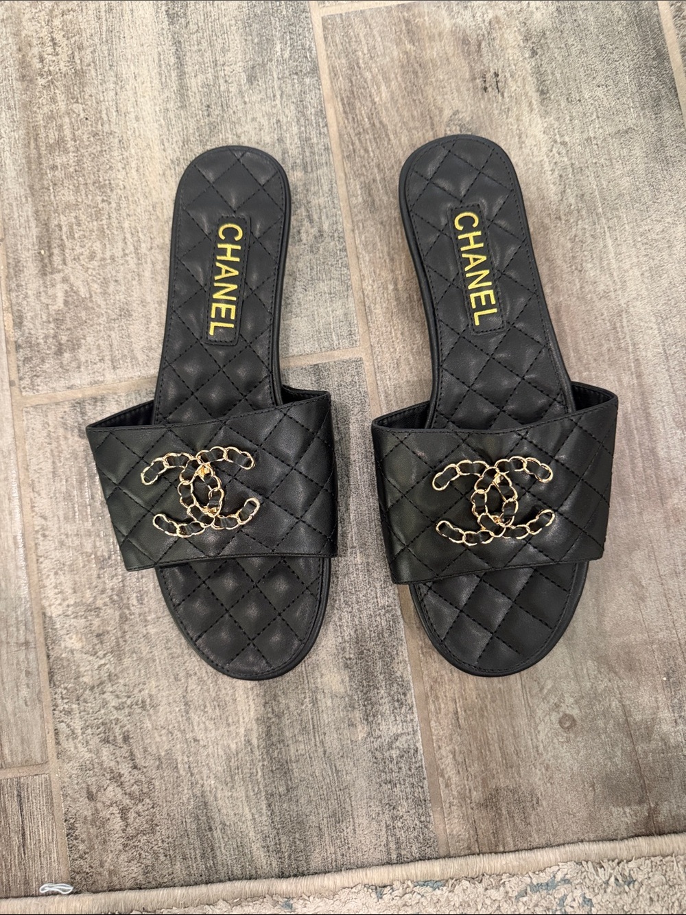 Black Quilted Leather Slide Mules with Gold Chain